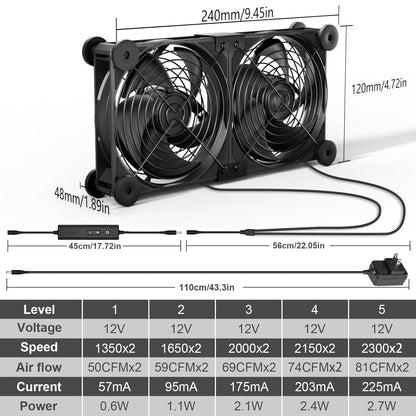 upHere Big Airflow 4 x 120mm x 25mm Computer Fan with AC Plug Cabinet Fan 100V 240V AC Power Supply,DC 12V 5 Speed Controller, for Router Mining Machine Chassis Server Workstation Cooling