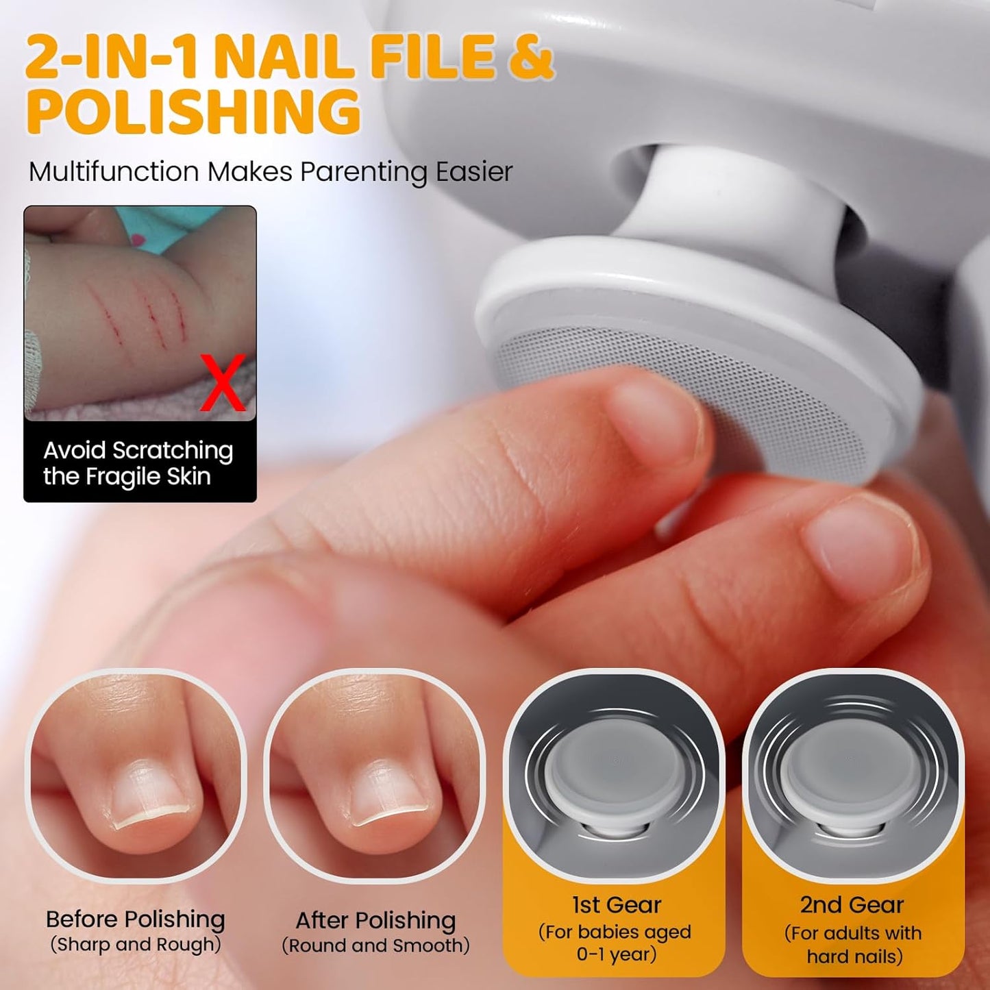 Electric Nail Clipper for Baby with LED Light, 2-in-1 Rechargeable Newborn Nail Trimmer with Scraps Storage, 2 Speeds Nail File for Kid Toddler Infant Adult Nail Care