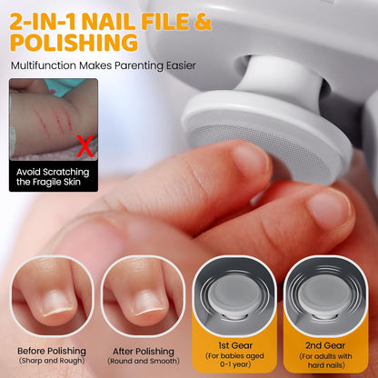Electric Nail Clipper for Baby with LED Light, 2-in-1 Rechargeable Newborn Nail Trimmer with Scraps Storage, 2 Speeds Nail File for Kid Toddler Infant Adult Nail Care