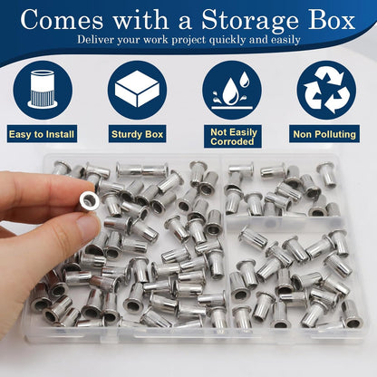 Vifmy Metric & SAE Rivet Nut Assortment Kit(420 Pcs),m3 m4 m5 m6 m8 m10 m12#6-32#8-32#10-24 1/4"-20 5/16"-18 3/8"-16 UNC Flat Head Rivnut Set,Zinc Plated Finish Carbon Steel Nutsert