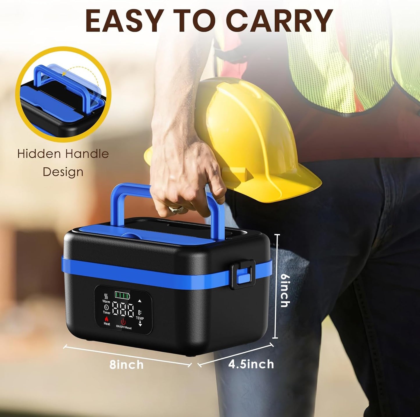 Cordless Electric Lunch Box, Battery Powered Heated Lunch Box, 1 Liter Food Insulated Lunchbox with Fork and Spoon Insulated Carrying Pouch for Truck Drivers Blue Collar (Deep Blacl)