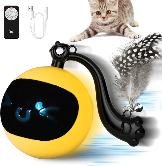 snoslme Interactive Cat Ball Toy, Automatic Moving Cat Toy Ball with Feather Tail, Cats Toy for Chasing and Hunting (Yellow)