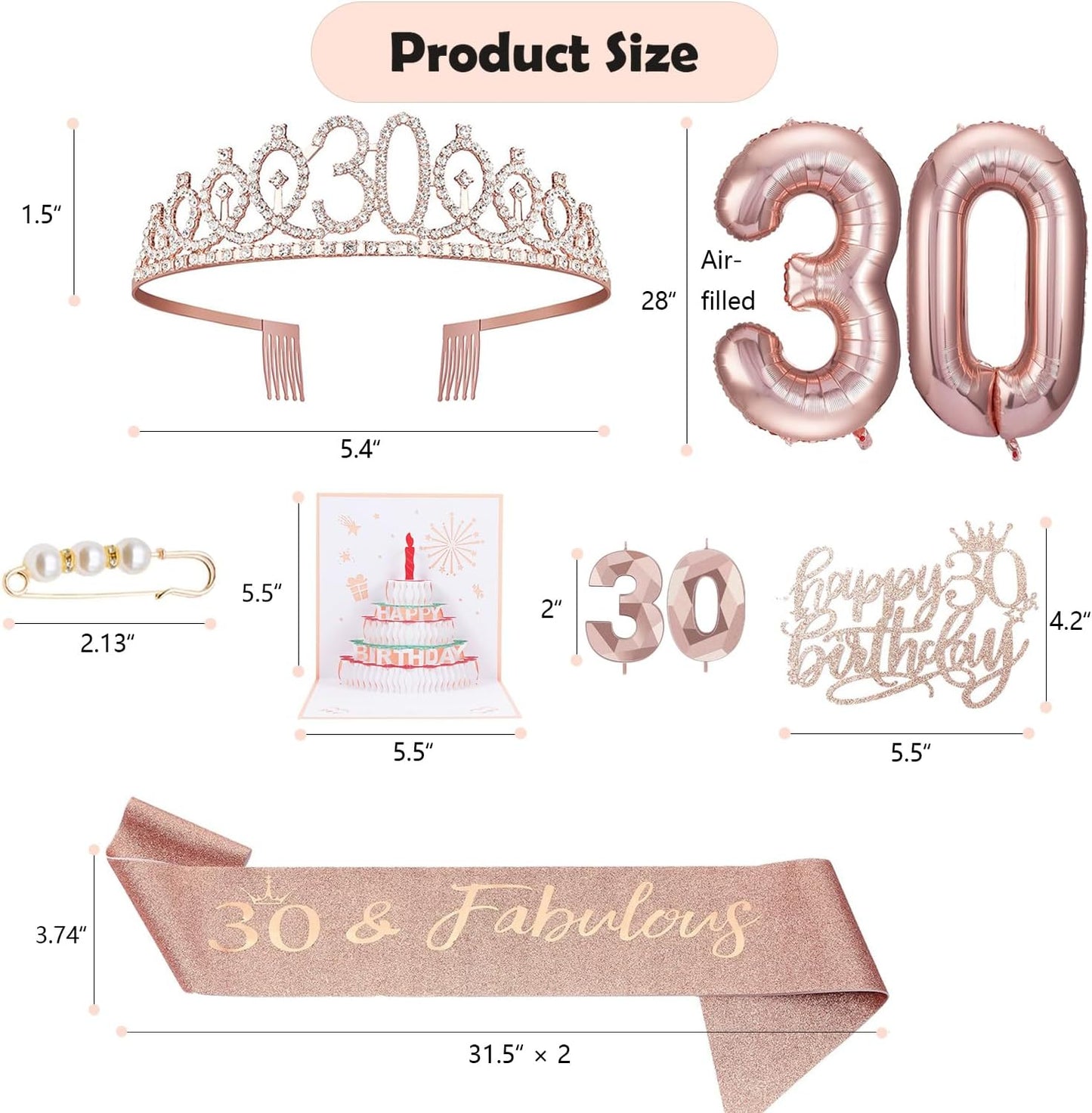 8pcs 40th Birthday Decorations gifts for Women, Including 40th Happy Birthday Cake Topper, Queen Sash with Pearl Pin, Sweet Rhinestone Tiara Crown for Women, Number Candles and Balloons (Rose Gold)