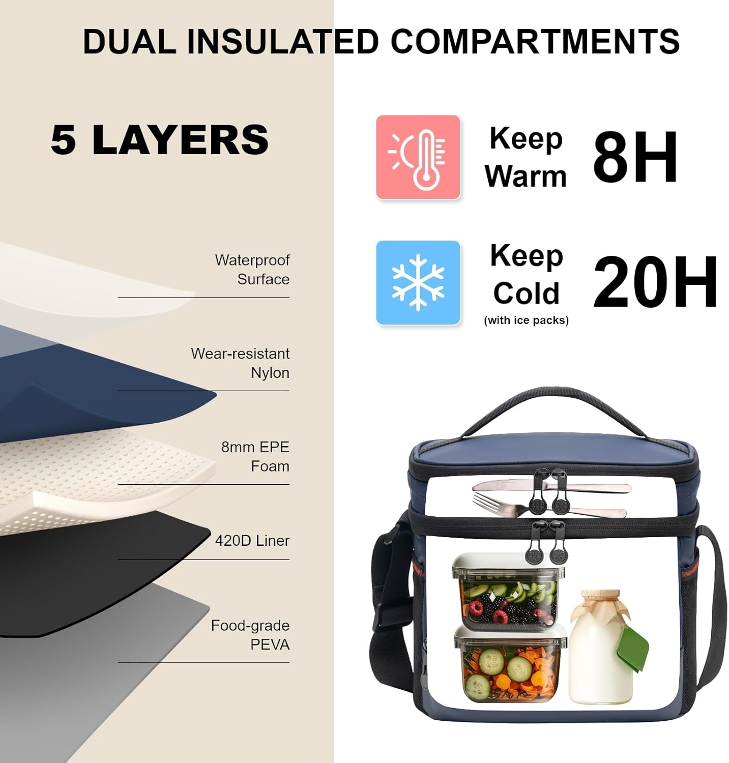 EVERFUN Cooler Bag Insulated Beach Cooler Lunch Bag Box for Men Women Dual Compartments Collapsible Waterproof Leak-Proof for Travel Work Picnic