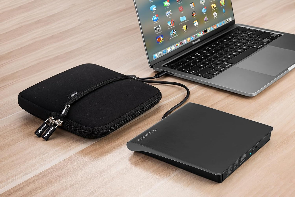 ROOFULL External CD DVD Drive for Laptop & Mac with Case, USB 3.0 Type-C Portable CD DVD Player Burner Reader Writer ROM +/-RW Optical Drive for MacBook, Desktop PC, Windows 11/10/7, Linux, ECD829-Y