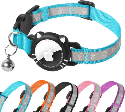 Airtag Cat Collar, Reflective Cat Collar with Apple Air Tag Holder, Breakaway GPS Tracker Pet Collar with Bell for Cat Kitten, Blue, XS(7-9 Inch)