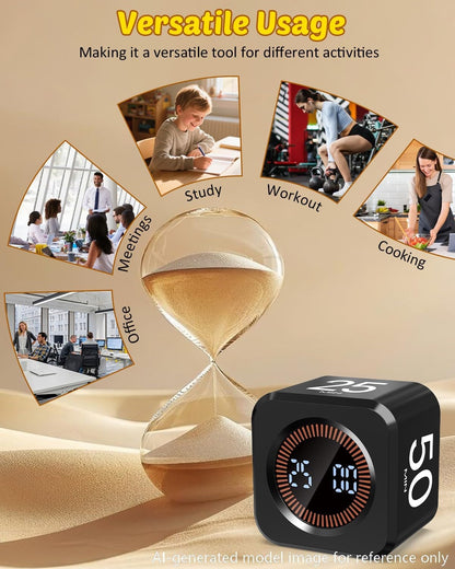 Digital Pomodoro Timer Cube 5/10/25/50min Preset, Silent & Sound Alarm | Visual Productivity Flip Timer for Kids Classroom Desk, Custom Countdown, Gravity Sensor, for ADHD Study Work Game Kitchen