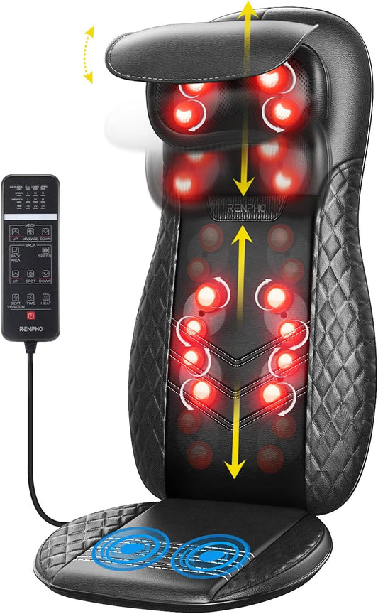 RENPHO Neck & Back Massager with Heat for Chair, Full Back Shiatsu Rolling Massage Chair Pad with Height Adjustable, Back Massager Cushion for Neck Shoulders Waist, Gifts for Women & Men