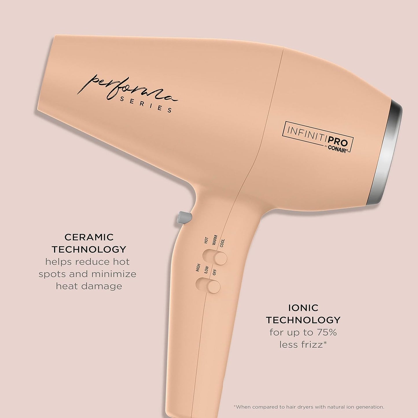 INFINITIPRO BY CONAIR Performa Series Hair Dryer with Diffuser plus 3 Other Attachments | Blow Dryer with Professional Performance Motor | Blush Pink | Great for travel