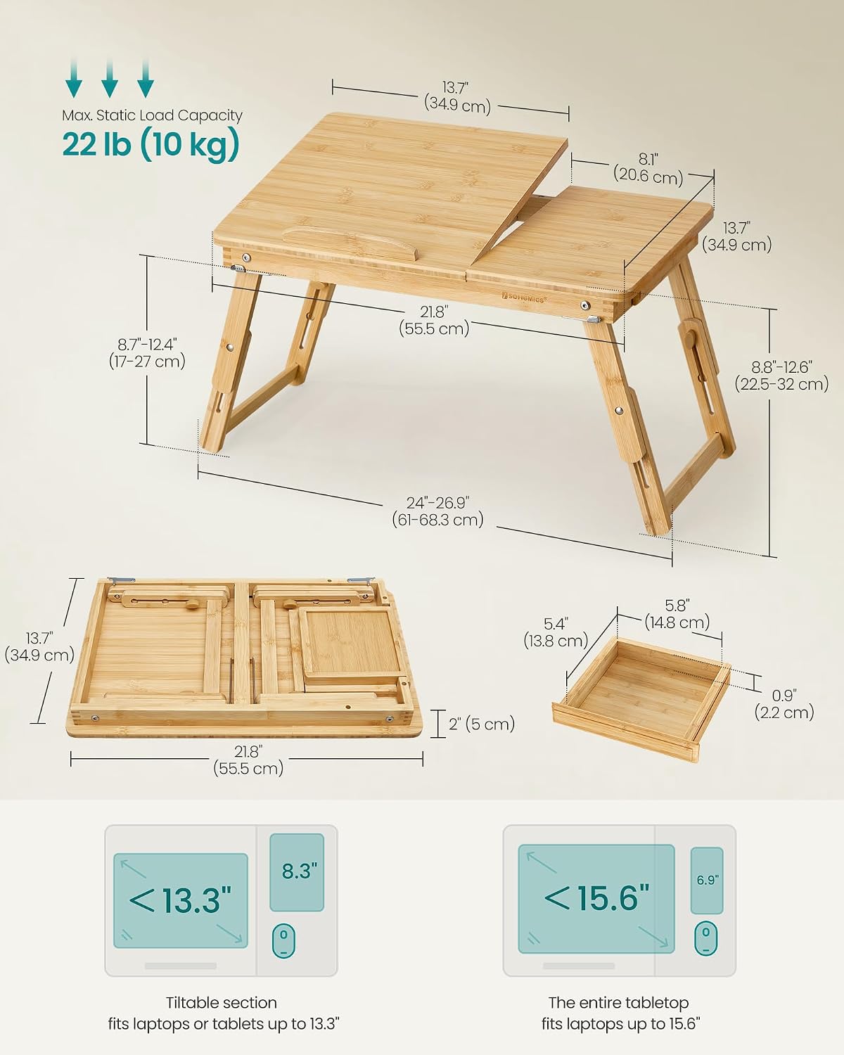SONGMICS Laptop Desk for Bed or Sofa with Tilting Top, Breakfast Serving Tray with Folding Legs, Fits up to 15.6 Inches Screen, (24-26.9) x 13.7 x (8.8-12.6) Inches, Natural ULLD01N