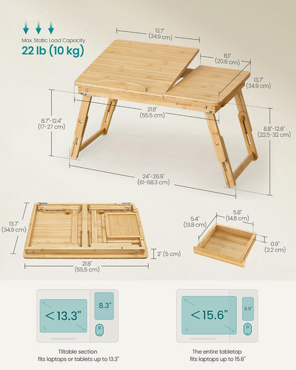 SONGMICS Laptop Desk for Bed or Sofa with Tilting Top, Breakfast Serving Tray with Folding Legs, Fits up to 15.6 Inches Screen, (24-26.9) x 13.7 x (8.8-12.6) Inches, Natural ULLD01N