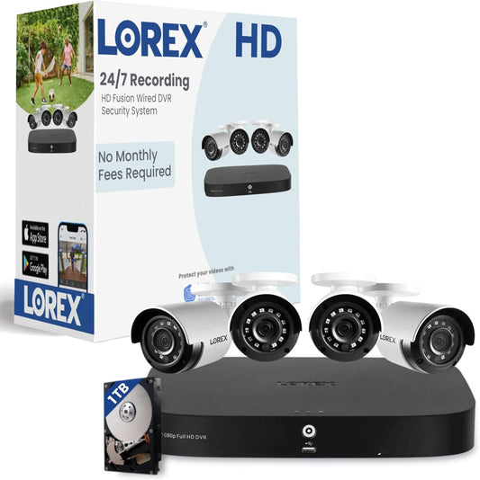 Lorex 1080p HD Security Camera System with 1TB DVR – 8 Channel Security System with 4 2MP Metal Bullet Cameras – Smart Motion Detection, IR Night Vision, Weatherproof – Indoor & Outdoor Surveillance