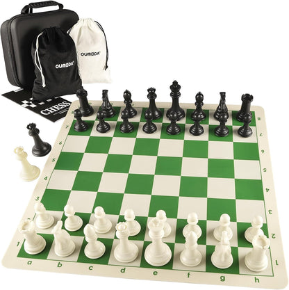 Oumoda 4" King Weighted Folding Chess Set – 20" Silicone Chess Board with 2.2" Squares, Staunton-Style Pieces, 2 Extra Queens & Carrying Case – Tournament-Ready Strategy Game for Adults & Kids - PuriLite