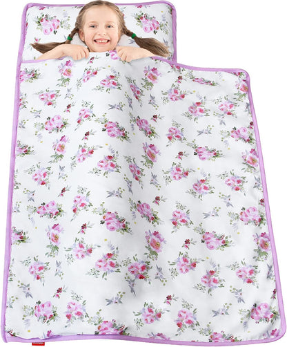 Toddler Nap Mat with Pillow and Fleece Minky Blanket, Kids Sleeping Bag Lightweight and Soft Perfect for Kids Preschool, Daycare, Travel Sleeping Bag Boys and Girls, Fit Standard Cot