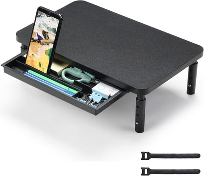 Adjustable Monitor Stand Riser with Storage Drawer, 3 Height Ergonomic Computer Monitor Stand for Desk, Wooden Desktop Monitor Shelf for Office and Home Use - PuriLite