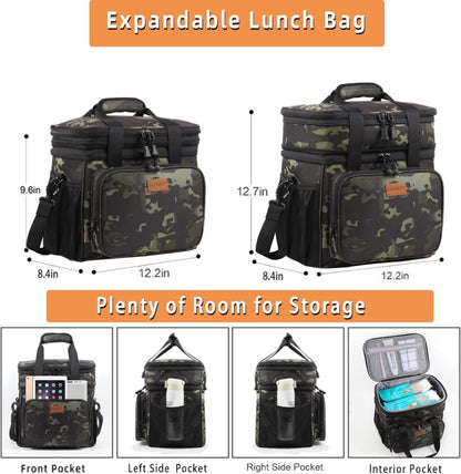 Expandable Large Lunch Bag, Double Deck Insulated Lunch Box Leakproof Durable Soft Cooler Bag for Men Women Adults Work Construction Beach Picnic Daytrip,16L,Black, GLENKEY