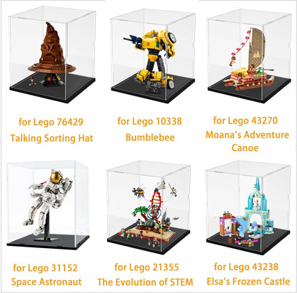 Thickened Clear Acrylic Display Case for Lego 10330 43268 76450 42170 10295 10353 Collectibles, Transparent Box Dustproof Protection with Wood-Plastic Base & String Light, Black Inside 40x20x20cm