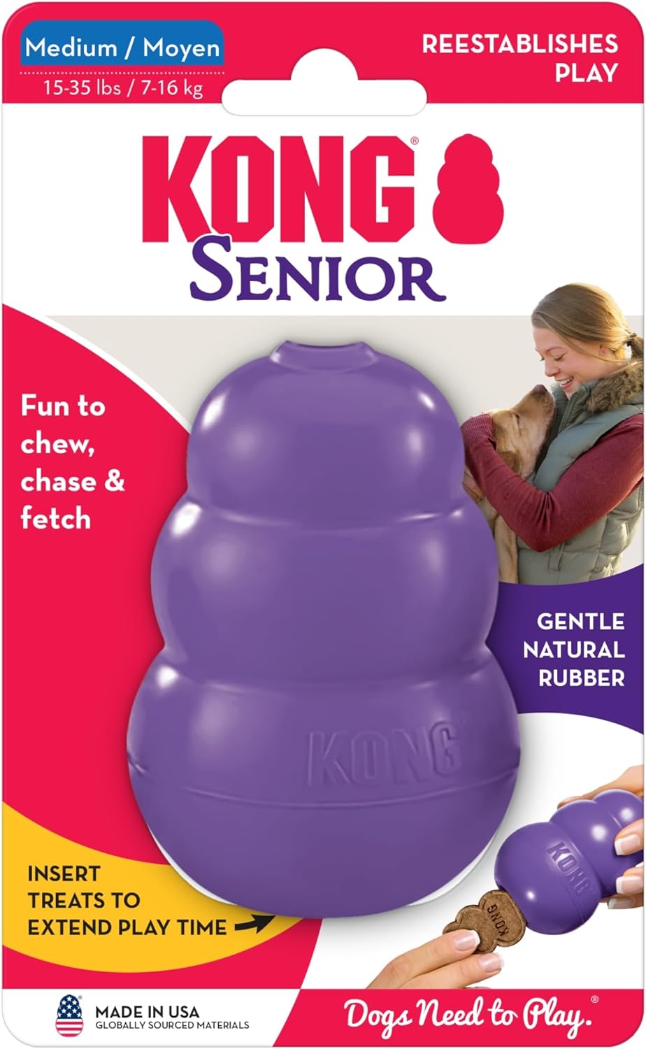 KONG Senior Dog Toy Gentle Natural Rubber -Fun to Chew, Chase & Fetch- For Medium Dogs
