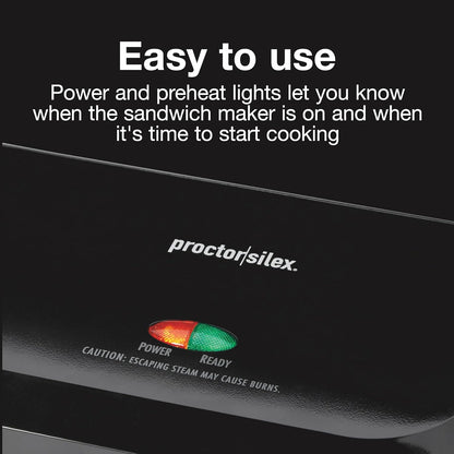 Proctor Silex 4 Serving Panini Press, Sandwich Maker and Compact Indoor Grill, Upright Storage, Easy Clean Nonstick Grids, Black (25440PS)