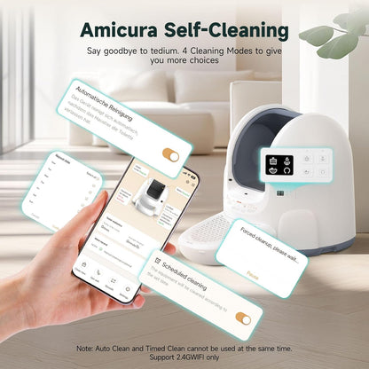 Amicura Automatic Cat Litter Box, Self Cleaning, 360-Degree Detection Smart Anti-Pinch, App Control, Odor-Proof, 65L Extra Large Open-top Cat Litter Box, Ultra Quiet Cat Toilet