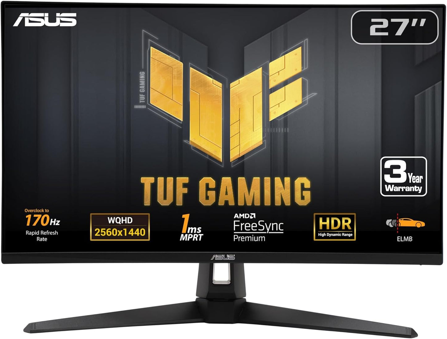 ASUS TUF Gaming 27” 1440P Gaming Monitor (VG27AQM1A) - QHD (2560x1440), 260Hz, 1ms, Fast IPS, ELMB Sync, Freesync Premium, G-Sync compatible, Variable Overdrive, 90%DCI-P3, DisplayHD 400, 3yr warranty