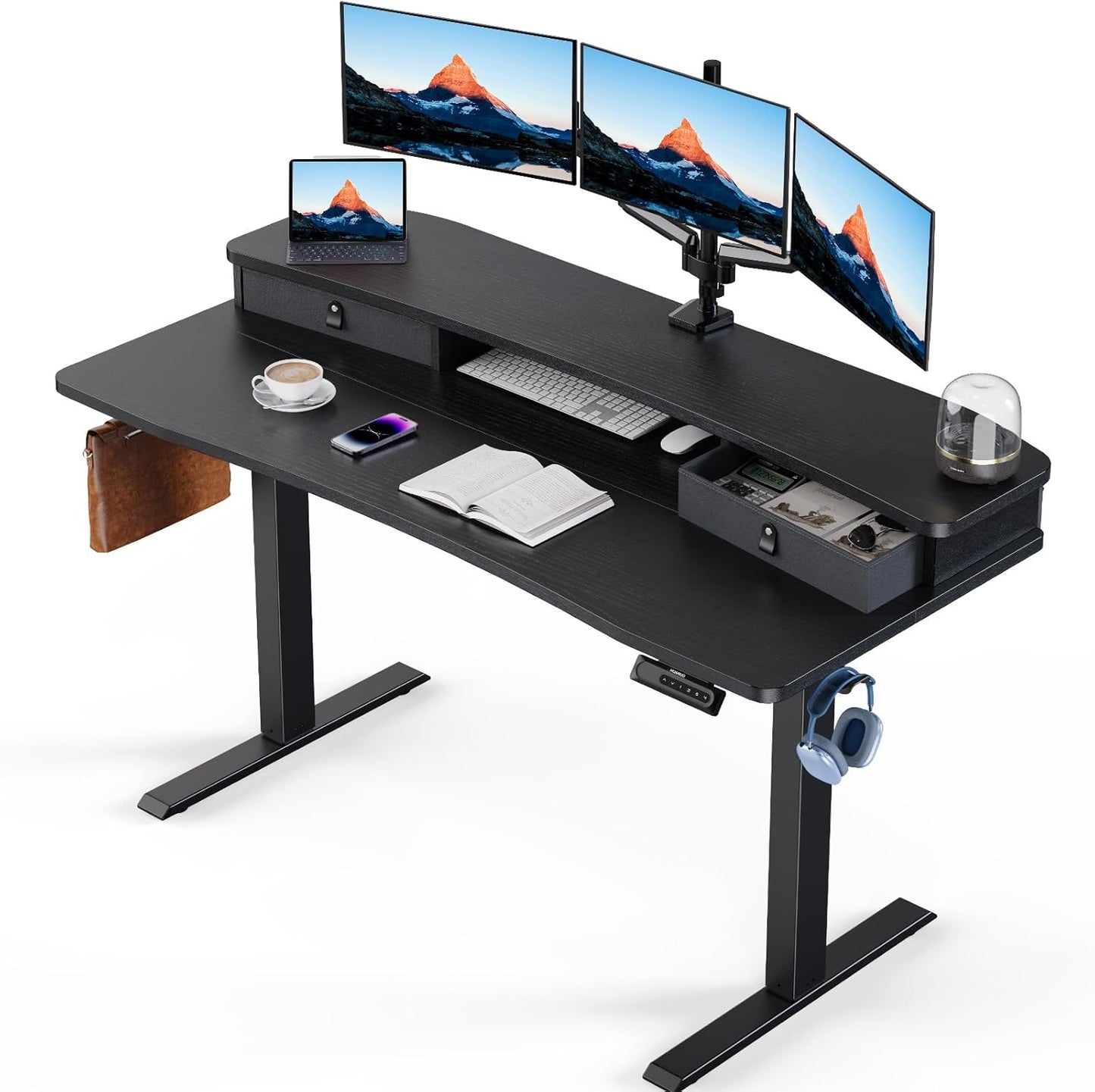 HUANUO 60″ x 30″ Electric Standing Desk with 2 Drawers, C-Clamp Mount Compatible, Height Adjustable Computer Desk, Home Office Stand Up Desk with 4 Preset Heights & 2 Hooks, Vintage Brown
