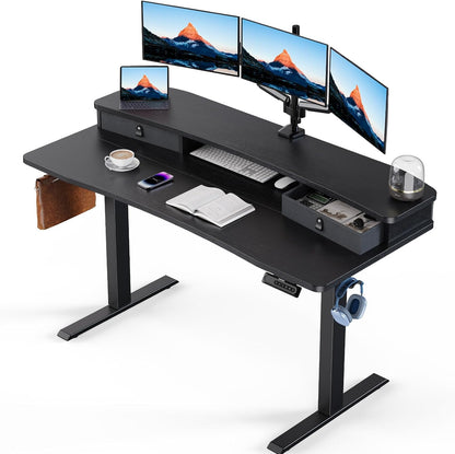 HUANUO 60″ x 30″ Electric Standing Desk with 2 Drawers, C-Clamp Mount Compatible, Height Adjustable Computer Desk, Home Office Stand Up Desk with 4 Preset Heights & 2 Hooks, Vintage Brown