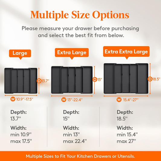 Expandable Cooking Utensil Drawer Organizer, Adjustable 5-Compartment Cutlery and Flatware Tray for Kitchen Drawers, Black - PuriLite