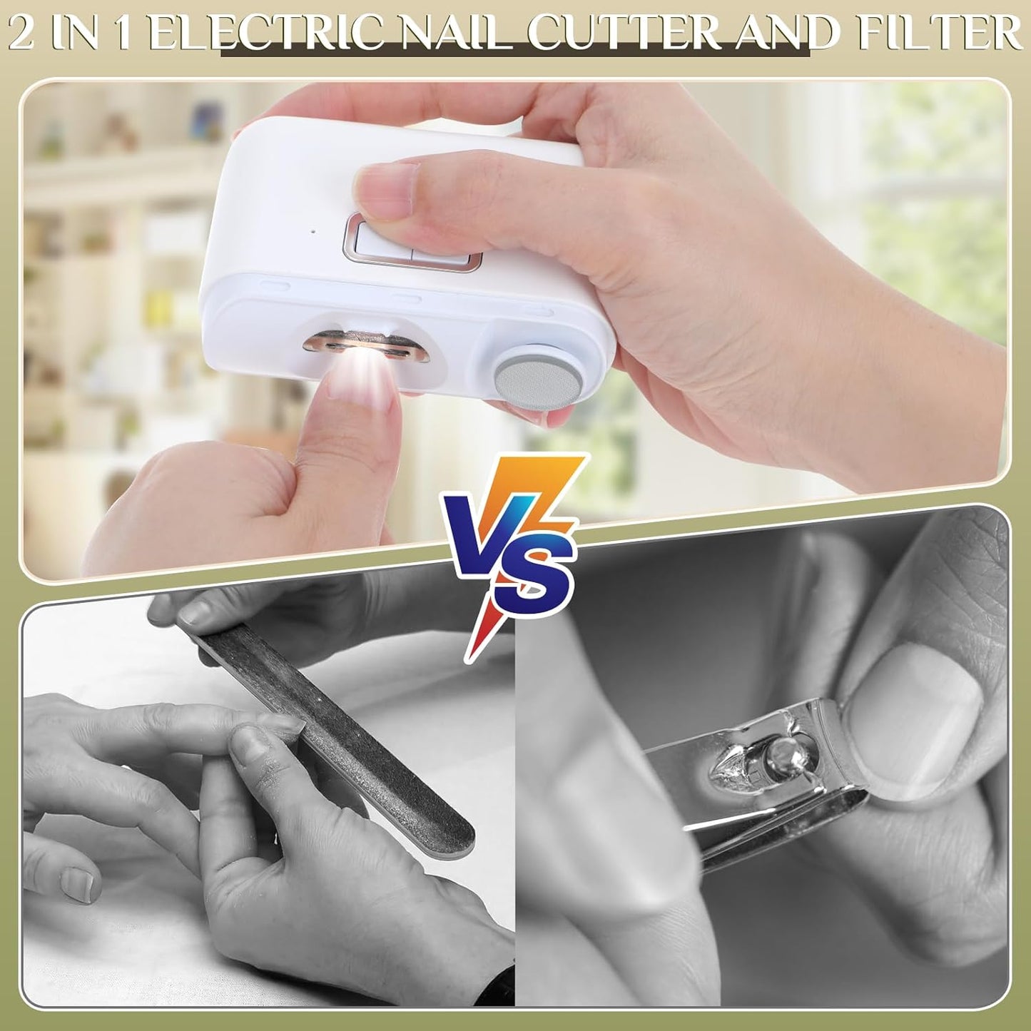Automatic Electric Nail Clipper 2 in1 Fingernail Cutter and Polisher with LED Light 2 Polish Heads 2 Speeds A Nail Scraps Storage Rechargeable Safety Fingernail Trimmer for Baby Kids Elderly Nail Care