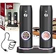 Sangcon 2-Speed Rechargeable Electric Salt and Pepper Grinder Set, 6 External Adjustable Coarseness Levels, Automatic Salt & Pepper Mill Shakers Set with Storage Base, One-Handed Operation, Silver