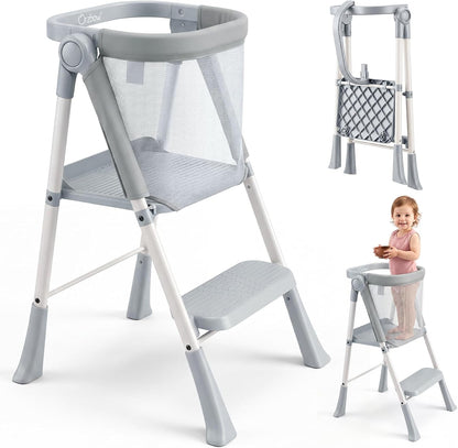 Orzbow Toddler Tower, Foldable Step Stool Kitchen Helper, Safety Rail & Net