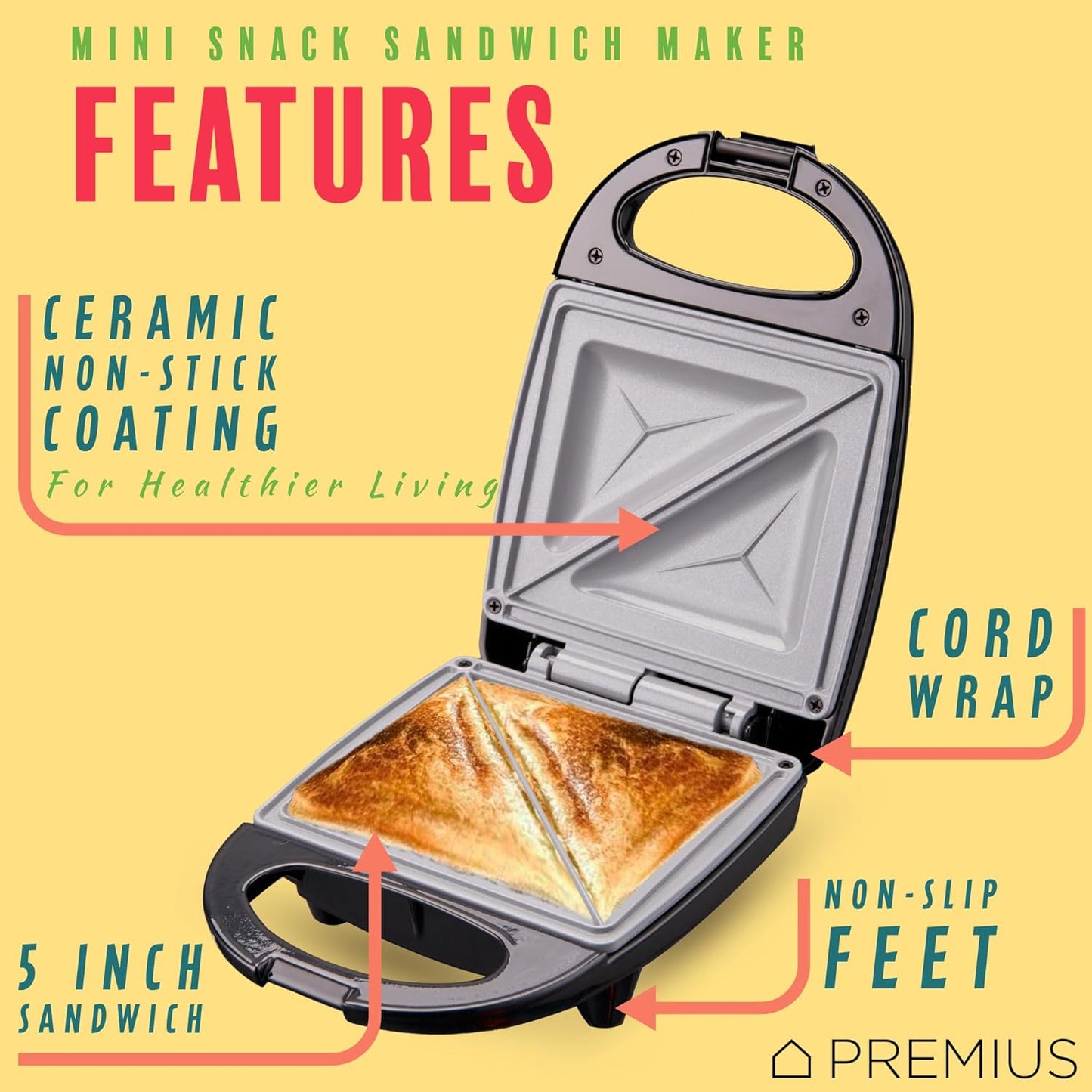 PREMIUS Ceramic NonStick Mini Snack Sandwich Maker, Indicator Light, 5x4.4 Inch Mold, Great for French Toast, Tuna Melt, Egg & Grilled Cheese, Pancake Sandwich, Desserts, Toasties, 520 W (Red)