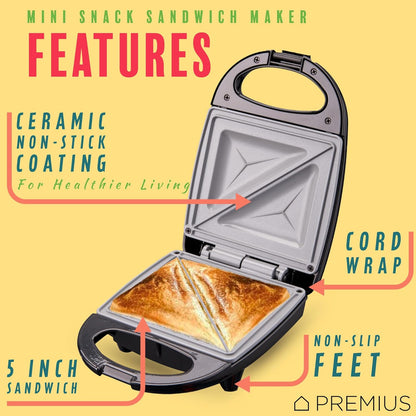 PREMIUS Ceramic NonStick Mini Snack Sandwich Maker, Indicator Light, 5x4.4 Inch Mold, Great for French Toast, Tuna Melt, Egg & Grilled Cheese, Pancake Sandwich, Desserts, Toasties, 520 W (Red)