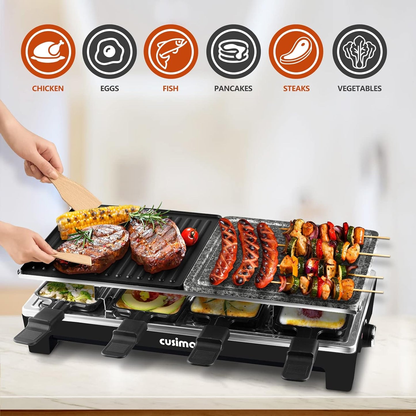 Raclette Table Grill, CUSIMAX Electric Indoor Grill, Portable Korean BBQ Grill with 2 in 1 Reversible Non-stick Plate& Natural Grill Stone, 1500W Electric Party Grill, 8 Raclette Pans& Wooden Spatulas