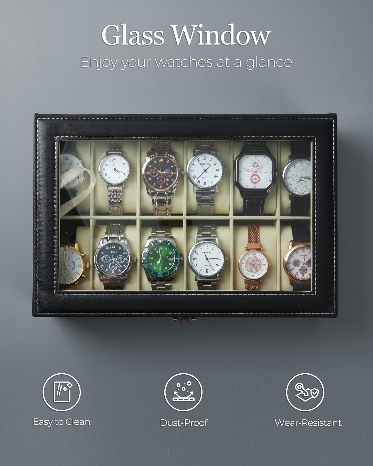 Ohuhu Watch Box Organizer for Men -12 Slot Leather Watch Case with Real Glass Lid Watch Display Case, Watch Organizer Jewelry Storage Box