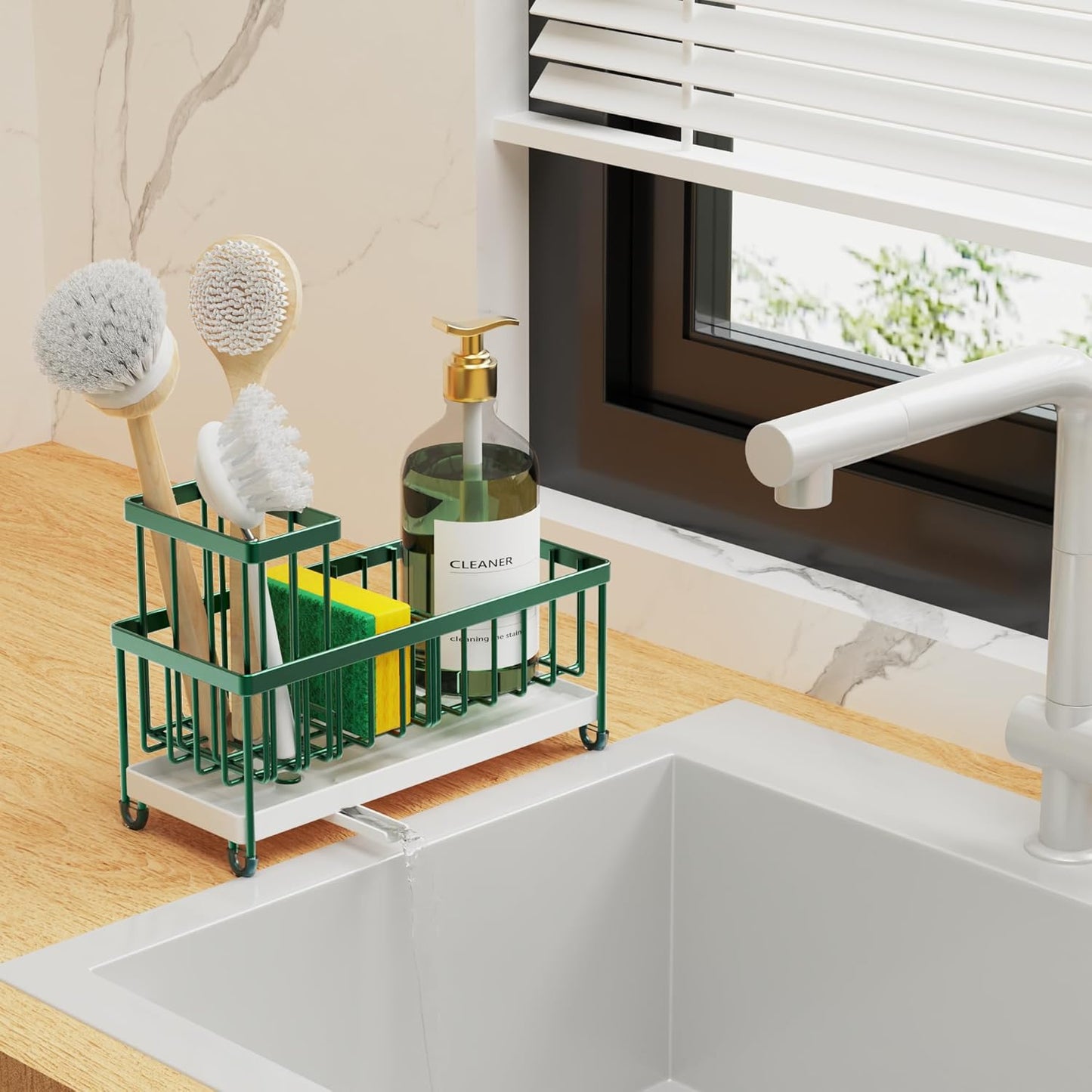 Cisily Sponge Holder for Kitchen Sink, Sink Caddy with High Brush Holder, Organzier Rustproof 304 Stainless Steel Dish Organizer Divider, Soap Dispenser Storage (Black)