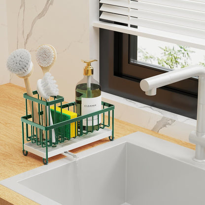Cisily Sponge Holder for Kitchen Sink, Sink Caddy with High Brush Holder, Organzier Rustproof 304 Stainless Steel Dish Organizer Divider, Soap Dispenser Storage (Black)