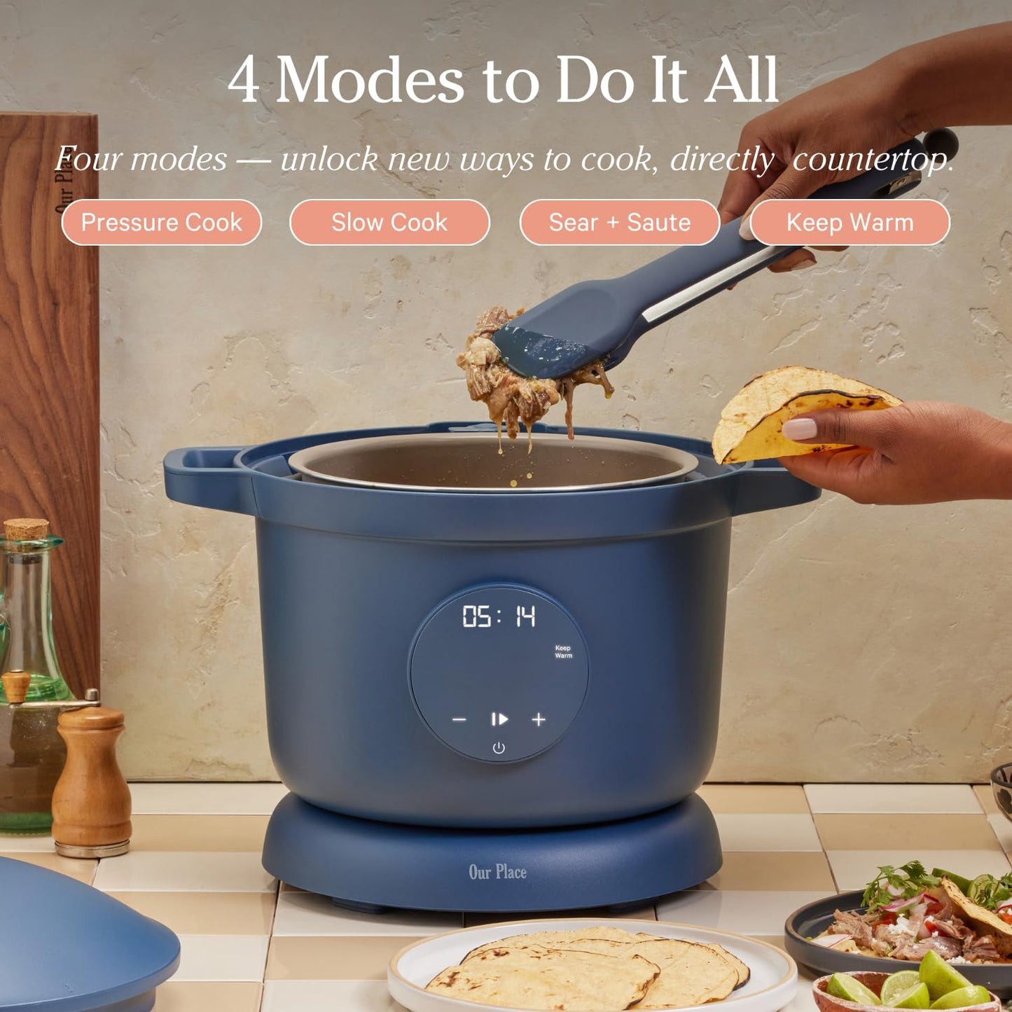 Our Place Dream Cooker | 5.6 L. Multicooker | 4 Versatile Modes | Pressure Cook, Slow Cook, Sear & Saute, Keep Warm | Hands-Free Steam Release | Tailored Control Panel | Blue Salt