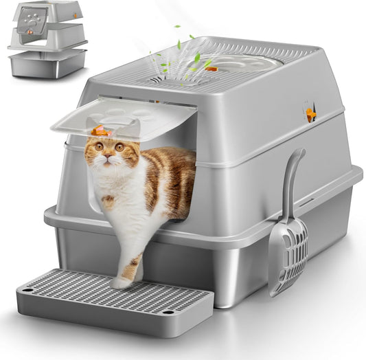 Eosarcu Stainless Steel Cat Litter Box with Lid, XL Large Enclosed Upgraded Litter Box with Removable Lid, Carbon Filters -Odor Free, Easy Cleaning, Anti-Urine Leakage for Big Cats/Multiples-Grey