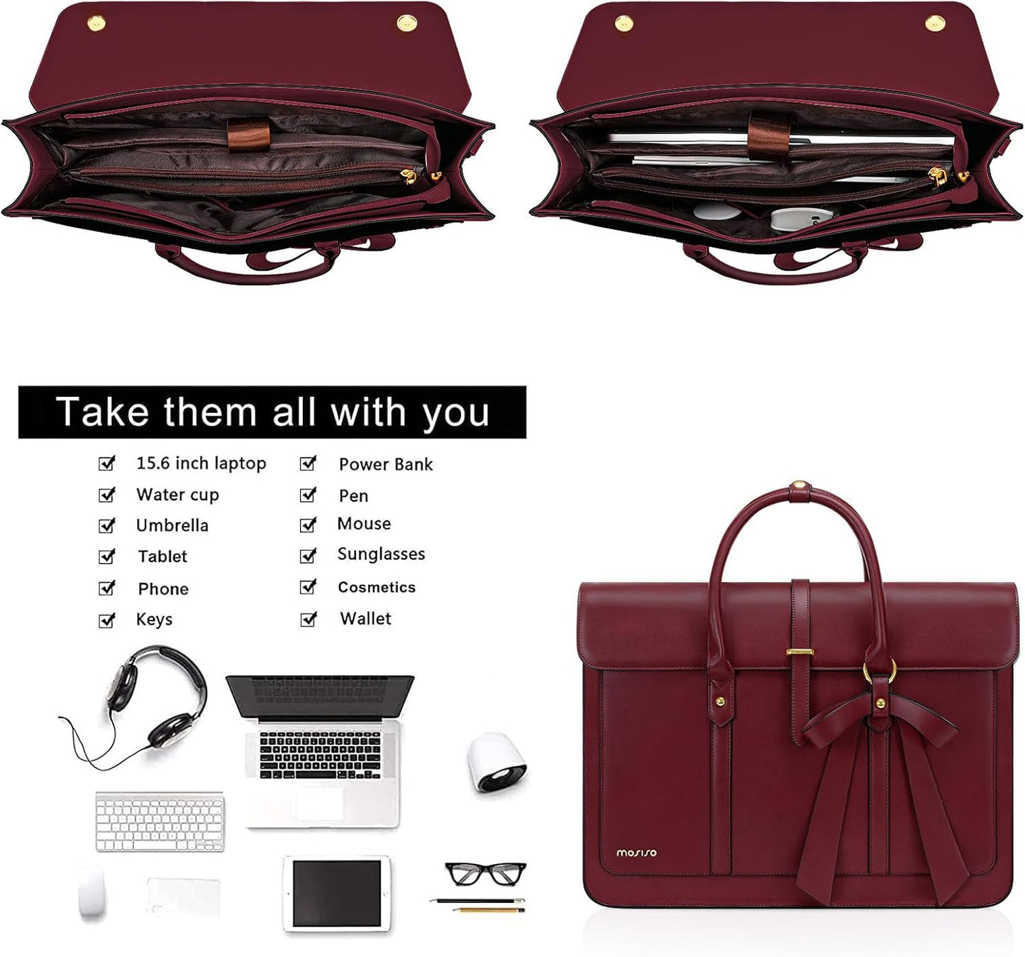 MOSISO Laptop Bag for Women, PU Leather Laptop Shoulder Bag Convertible Backpack, Work Travel Computer Bag with Bowknot - PuriLite