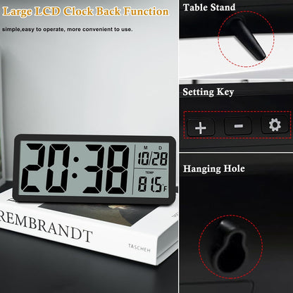 QINYUNE Digital LCD Wall Clock Easy to Set, 8.5 Inch LCD Screen with Time/Date/Temperature Display,Simple Digital Desk Clock with 12/24H for Bedroom Living Room Office