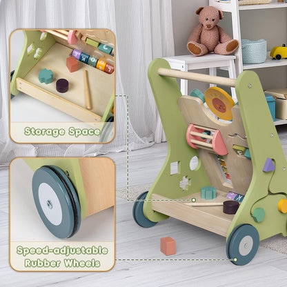 Baby Walker with Wheels for 10 Months+, Push Walker 10-in-1 Activity Center Help Babies Build Balance & Confidence, Wooden Frame, 9 Interactive Toys, Smooth Edges, Non-Toxic Paint, 1st Birthday Gift