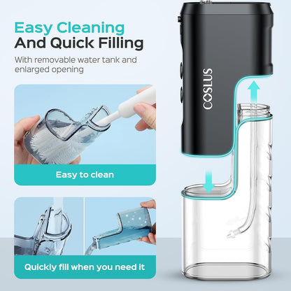 COSLUS Water Portable Flosser for Travel: Cordless Mini Flossers For Travel Quick Clean, 4 Modes & Removable Tank for Family, Nozzle Storage, Compact Design One The Go Use, IPX7 Waterproof, Pink