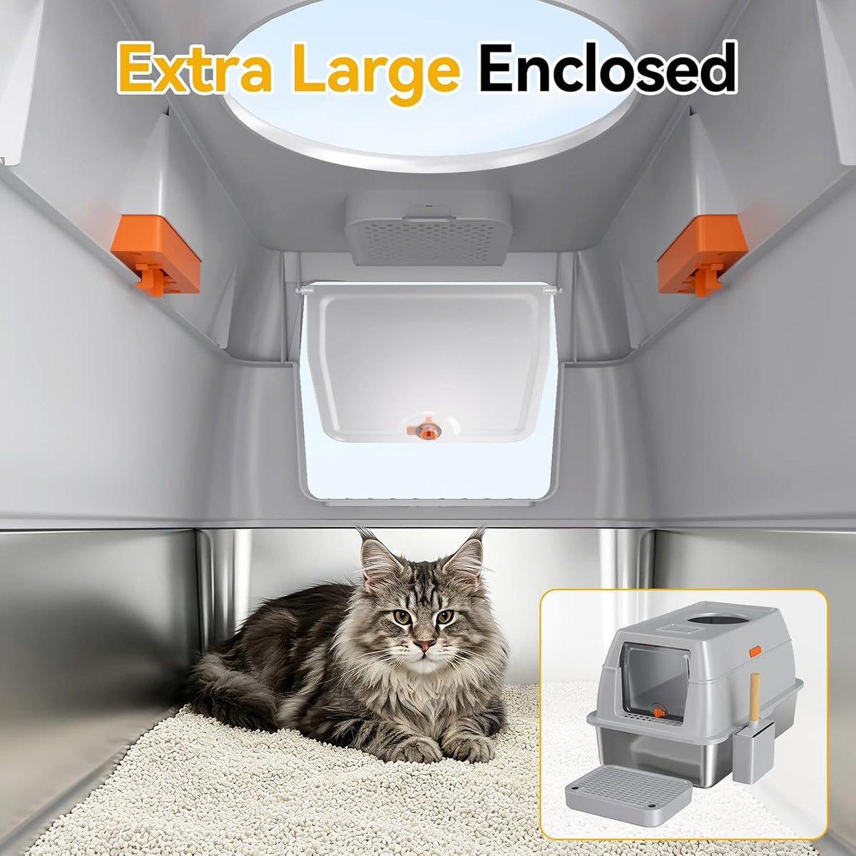 Extra Large Stainless Steel Litter Box with Lid, High Sided Enclosed Metal Cat Litter Pan, Dog Proof Front Entry Top Exit, Odor Control Easy Clean Leak Proof, Includes Scoop & Step, Light Gray