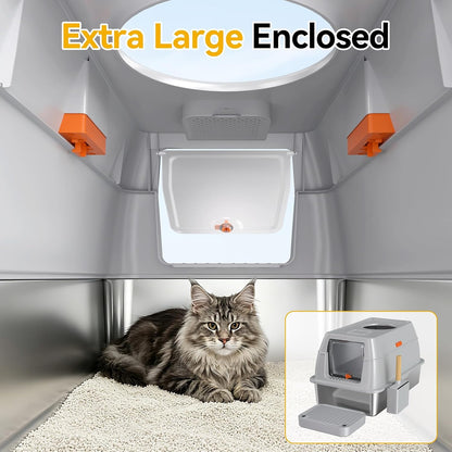 Extra Large Stainless Steel Litter Box with Lid, High Sided Enclosed Metal Cat Litter Pan, Dog Proof Front Entry Top Exit, Odor Control Easy Clean Leak Proof, Includes Scoop & Step, Light Gray