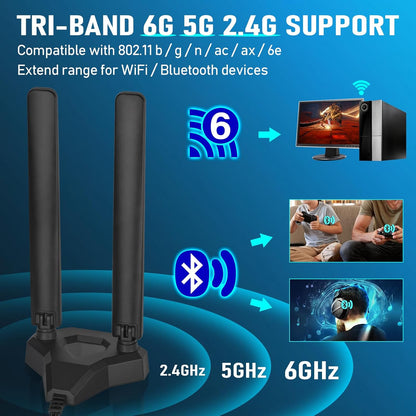 Eightwood WiFi 6E Tri-Band Antenna | 2.4GHz / 5GHz / 6GHz Magnetic Base Antenna | RP-SMA Male | 2M Extension Cable | Black