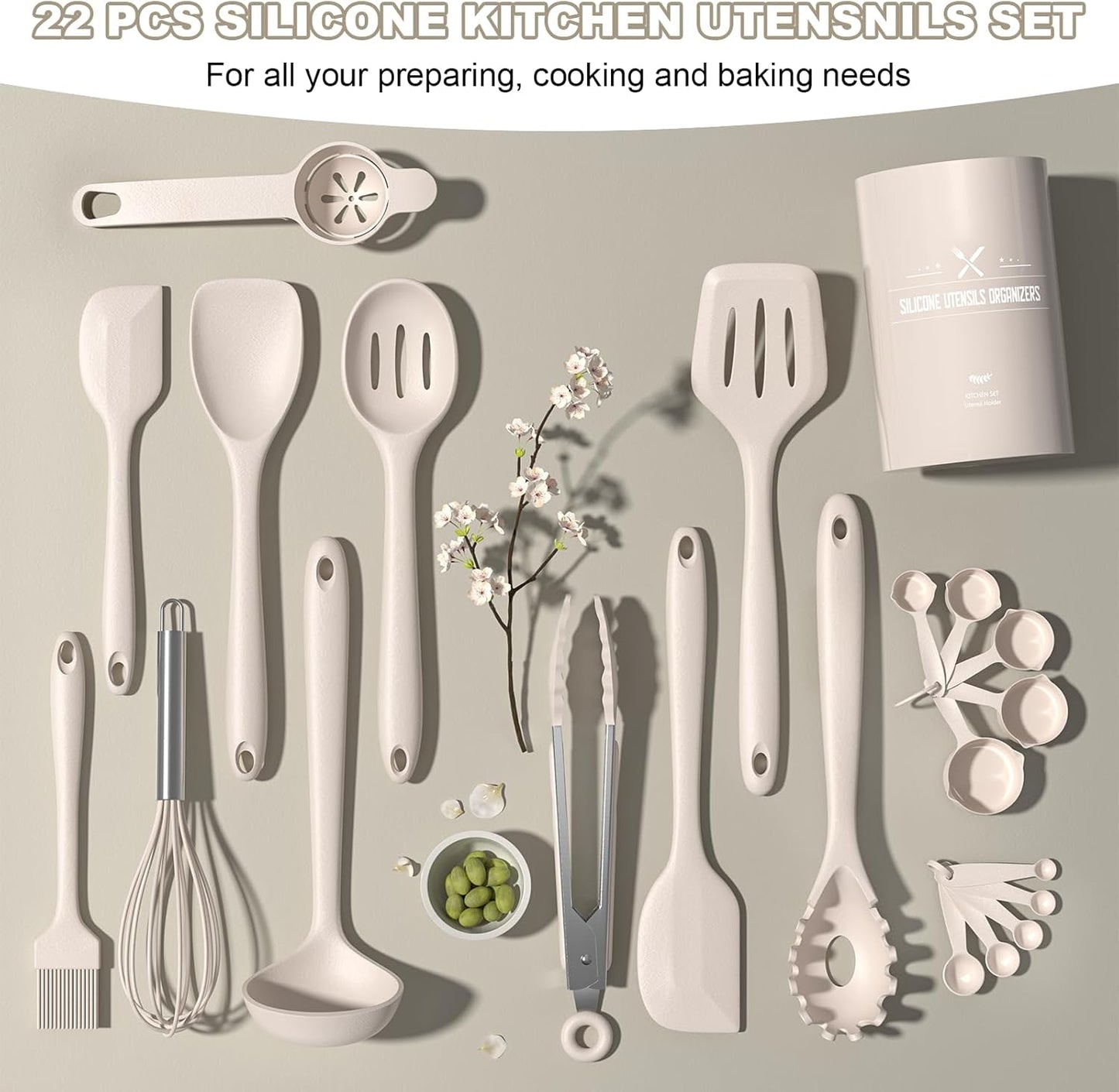 Silicone Kitchen Cooking Utensils Set, Umite Chef 22Pcs Heat Resistant Kitchen Utensils, Spatula, Spoon, Whisk, Dishwasher Safe Kitchen Utensil Gadgets Tools Set for Nonstick Cookware(Khaki)