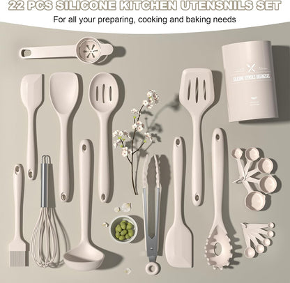 Silicone Kitchen Cooking Utensils Set, Umite Chef 22Pcs Heat Resistant Kitchen Utensils, Spatula, Spoon, Whisk, Dishwasher Safe Kitchen Utensil Gadgets Tools Set for Nonstick Cookware(Khaki)