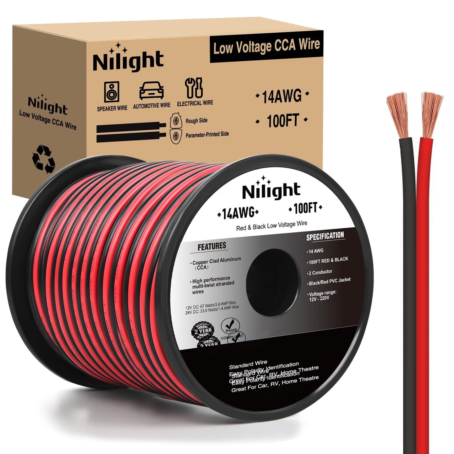 Nilight 100FT 14AWG Copper Clad Aluminum Wire 14/2 Gauge Red Black CCA Electrical Cable 2 Conductor Parallel 12V/24V DC Flexible Extension Cords for Car Audio Radio Speaker Amplifier