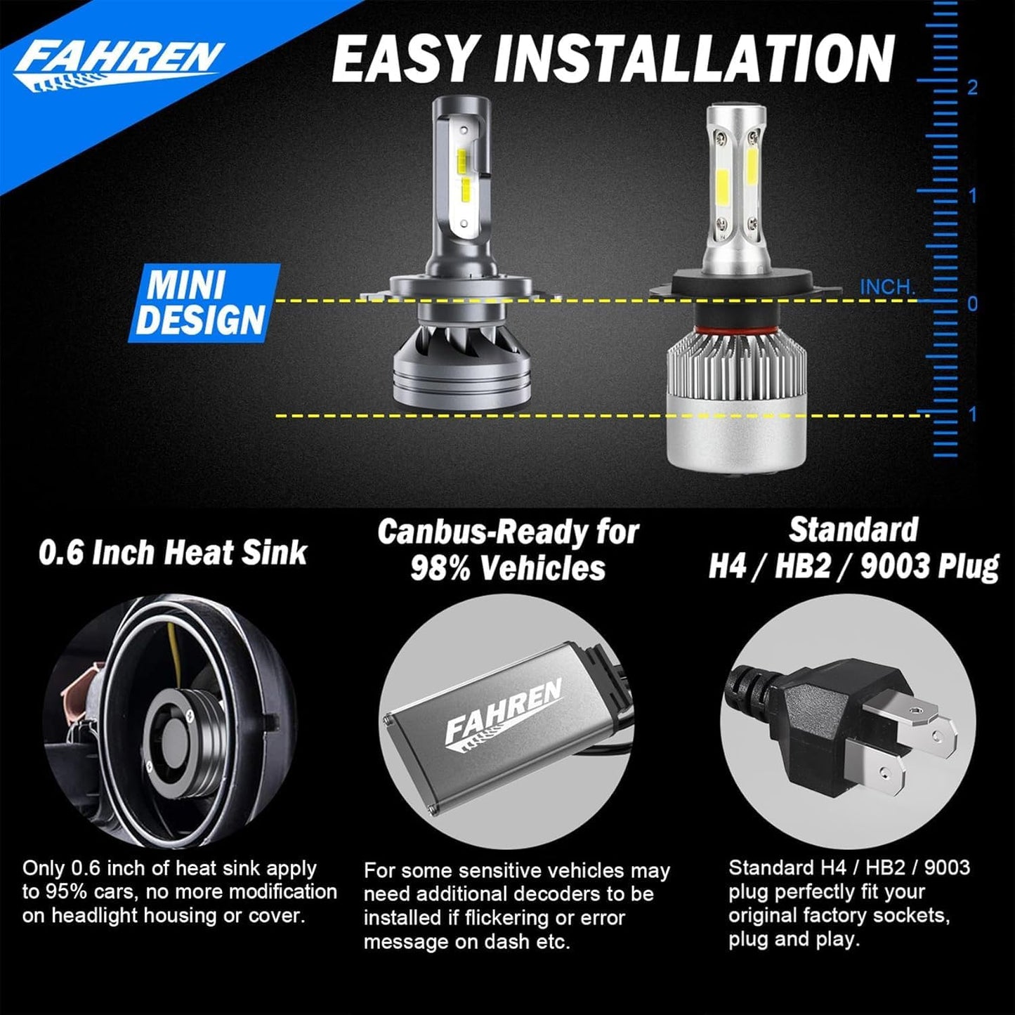 FAHREN H11 H9 LED Headlight Bulbs, 40000LM Super Bright H11 LED Bulb with Canbus Driver, 360° Adjustable Light Angle Halogen Replacement Kit, 6500K White IP68 Waterproof, Pack of 2